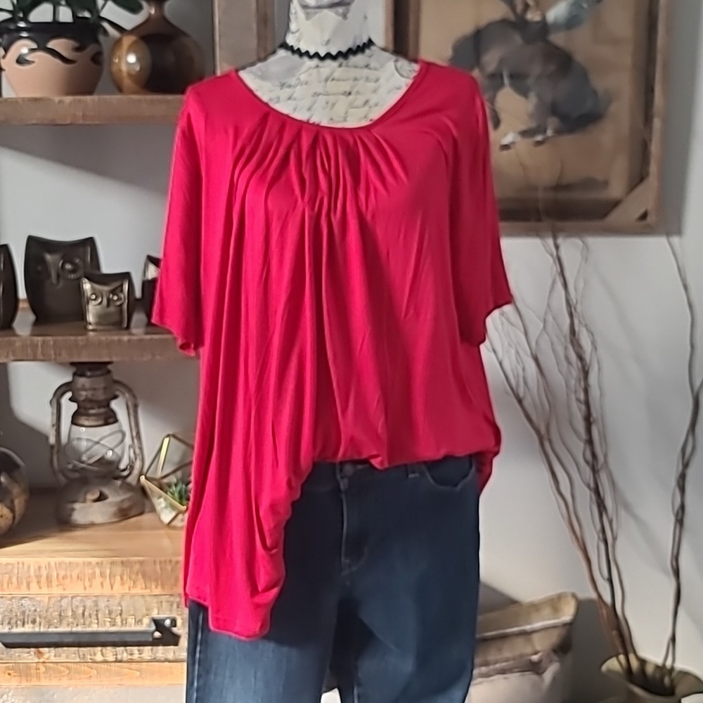 Maner Rayon Spandex Blend Women’s Red Scoop-Neck Blouse